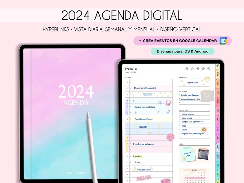 Planificador digital español 2024 con enlaces a Google Calendar para configurar recordatorios, planificador de iPad y tableta, diario de retratos, plantillas minimalistas imagen 1