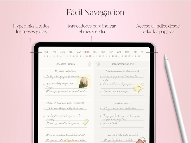 Pu&ograve; includere: Un'app di pianificazione digitale sullo schermo di un tablet con un calendario, prompt di riflessione giornalieri e uno stilo. L'app presenta uno schema di colori rosa e bianco con testo scritto a mano e illustrazioni.