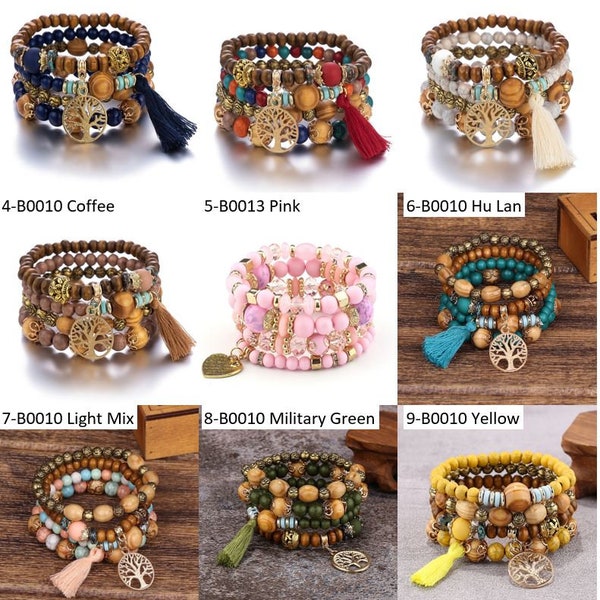 Colorful Beaded Bracelets, Charms and Symbols, Natural Beads Wristlet, Mixed Patterns Crafting, Combined Comfort Wooden Multicolor Gemstones