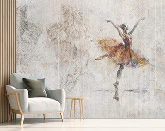 Ballerina Wallpaper Mural, Angel&#39;s Wings Self Adhesive Removable Wallpaper, Artistic Peel and Stick Wall Mural, Concrete Wall Decoration