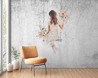 Girl on a swing With Flowers Wallpaper Mural, Self Adhesive Removable Wallpaper, Minimalist Peel and Stick Mural, Concrete Wall Decoration