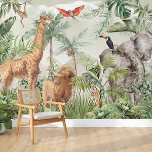 Carta da parati murale della giungla, fauna selvatica di Safari, carta da parati autoadesiva, animali tropicali, giraffa, leone, elefante, giungla esotica, decorazione murale artistica