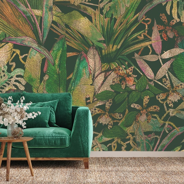 Motif tropical sans couture avec fleurs exotiques Papier peint mural, Autocollant amovible Peel and Stick Vinyl Canvas Wallpaper, Décoration murale