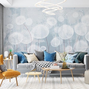 Carta da parati murale con fiori astratti, carta da parati autoadesiva rimovibile con denti di leone, murale alla moda stacca e incolla, decorazione murale con fiori bianchi