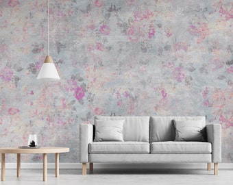 Pink Flowers on Gray Concrete Wallpaper Mural, Self Adhesive Removable Wallpaper, Peel and Stick, Vinyl Non-Woven, Flower Vintage Wall Decor