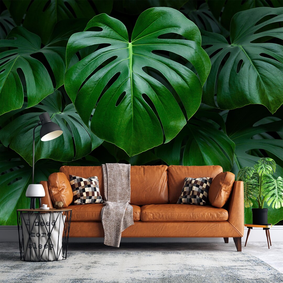 Dark Botanical Wallpaper, Monstera Peel and Stick Wallpaper Mural, Art