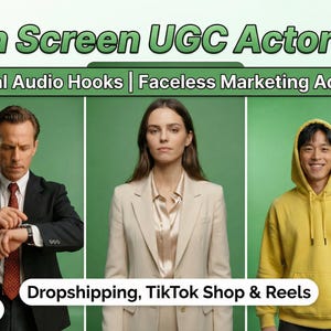 May include: Image promoting a "Green Screen UGC Actor Pack" with three individuals in front of a green screen. Text includes "Viral Audio Hooks | Faceless Marketing Ad Kit" and "Dropshipping, TikTok Shop & Reels". A digital download icon is present.