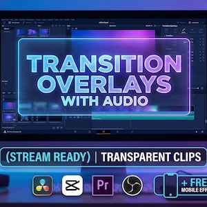 May include: A computer monitor displays the text "TRANSITION OVERLAYS WITH AUDIO" in a neon-style design. The screen shows video editing software. The image includes a microphone, headphones, and software icons, suggesting a focus on video editing and streaming.