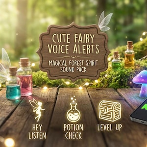 Könnte beinhalten: Eine bezaubernde Szene mit einem Holzschild mit der Aufschrift "Cute Fairy Voice Alerts". Flaschen mit bunten Flüssigkeiten, ein leuchtender Pilz und ein Smartphone mit "Twitch KICK" befinden sich auf einer Holzoberfläche. Feenflügel und Feen-Icons sind ebenfalls vorhanden.
