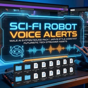 Peut inclure: Un écran numérique affichant le texte "SCI-FI ROBOT VOICE ALERTS" en bleu et orange. L'écran comprend également le texte "MALE AI SYSTEM SOUND PACK | JARVIS STYLE ASSISTANT FUTURISTIC TECH STREAMER ASSETS". En dessous, plusieurs dossiers et un microphone.