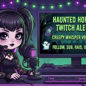 May include: Illustration of a cartoon woman with black hair and pigtails wearing a headset, sitting at a desk with a microphone and computer. The computer screen displays "HAUNTED HORROR TWITCH ALERTS" and other text. A ghost and pumpkin are also visible.