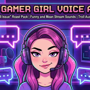 Puede incluir: Ilustración de una gamer con cabello rosa y auriculares, rodeada de bocadillos y equipo de juego. El texto dice "SASSY GAMER GIRL VOICE ALERTS" y "STREAM STARTING SOON". La imagen tiene un esquema de color púrpura y azul.