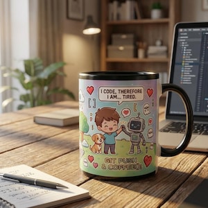 Pode incluir: Uma caneca de café colorida com borda e alça pretas, com uma ilustração de desenho animado de um menino, um cachorro e um robô. A caneca tem o texto "I CODE, THEREFORE I AM... TIRED." e "GIT PUSH & COFFEE!". A caneca está em uma mesa de madeira.