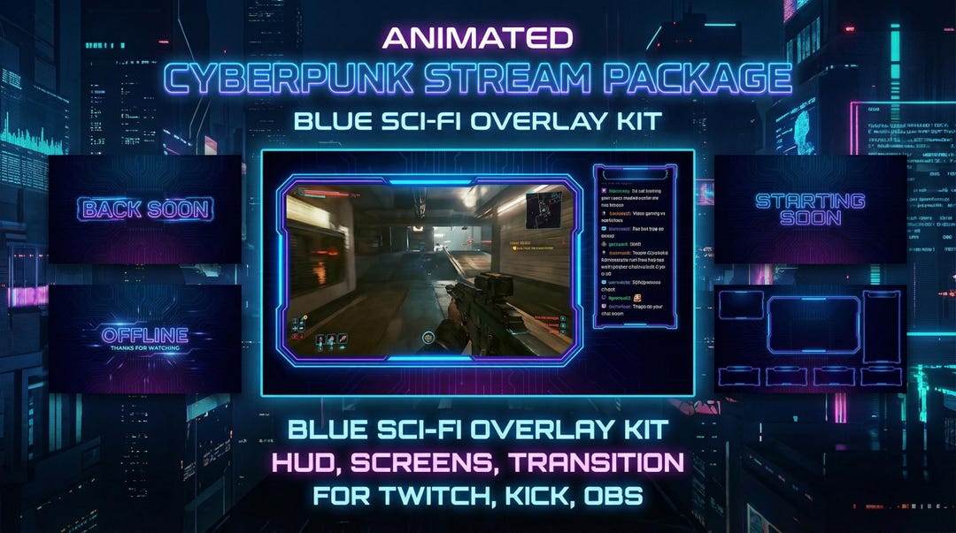 Animated Cyberpunk Stream Package | Blue Sci-fi Overlay Kit - Etsy