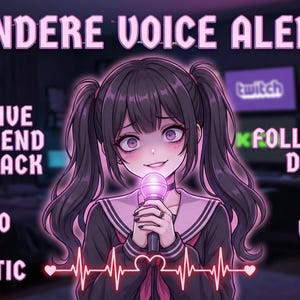 Puede incluir: Ilustración digital que promociona "Yandere Voice Alerts" con una chica de dibujos animados sosteniendo un micrófono. El texto incluye "Obsessive Girlfriend Sound Pack", "Psycho Cute Aesthetic" y "Follow, Sub, Donate". El fondo presenta los logos de Twitch y Kick.