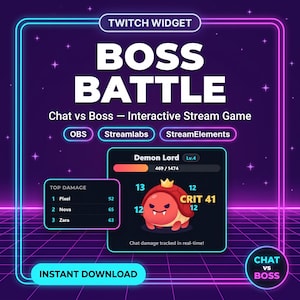 May include: A digital Twitch widget graphic titled BOSS BATTLE featuring a red turtle-like Demon Lord character with a crown. The interface displays top damage rankings, a health bar, and damage numbers. Text includes OBS, Streamlabs, StreamElements, and INSTANT DOWNLOAD on a purple grid background.