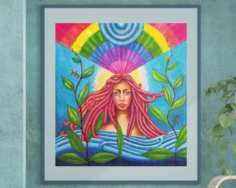 Goddess Mother Nature Printable Wall Art, Four Elements Colorful Painting, Spiritual Surreal Painting, Rainbow Woman Art, Mermaid Decor,