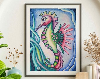 Seahorse Original Painting Printable Wall Art, Nursery Decor, Sea Horse Downloadable Prints, Colorful Exhibition Poster,