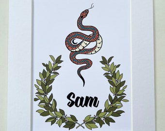 Impressão de nome de cobra natural, impressão de sinal infantil, sinal de porta, vida selvagem, guirlandas de folhas