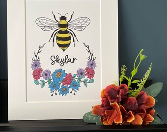 Estampas de abelha com nome da natureza, estampa floral de abelha, placa de porta, placa com nome de criança no berçário