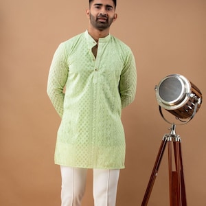 Handmade Men&#39;s Cotton Kurta Pajama Set: Embroidered Indian Suit
