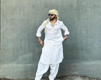 Handmade White Cotton Afghani Shalwar Kameez Set - Men's Ethnic Clothing