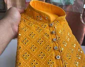 Yellow haldi handmade mirror work chickenkari kurta Bollywood Style Kurta Men Party Wear man stuff Soft Cotton Kurta Wear Festival Kurta ACP