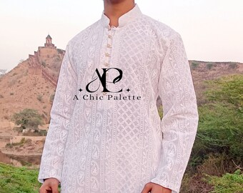 White Cotton Chikankari Kurta: Bollywood Style Party Wear