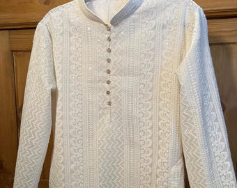 Weiß Baumwolle Chikankari Kurta Pyjama Set: Indische Hochzeits Outfit