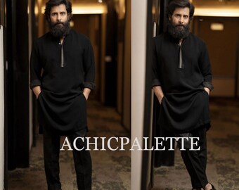 Indian Black Cotton Mens Wear Shirt Kurta top tunic Bollywood Style Kurta Men Party Wear man stuff Solid Color Black Plus size Available