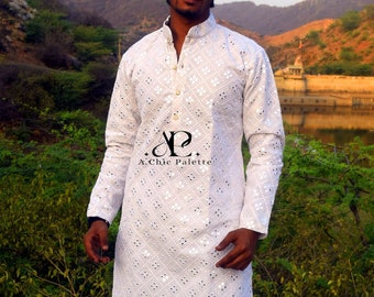 White Cotton Chikankari Kurta: Traditional Bollywood Style Menswear