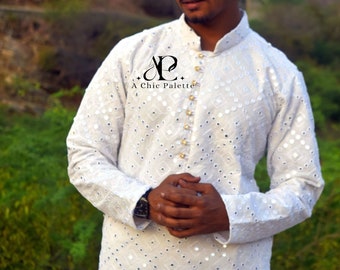 Handgemachte Baumwollseide Chikankari Kurta: Indisches Hochzeitsoutfit