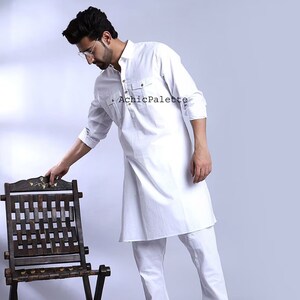 Handmade Men&#39;s Cotton Kurta Shalwar Suit: White Party Wear