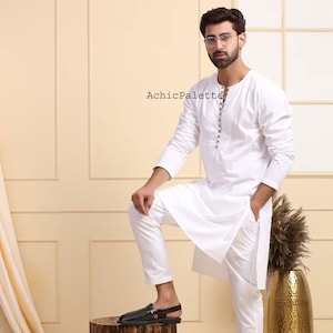Handmade Cotton Kurta Shalwar Suit: Men&#39;s Party Wear Set