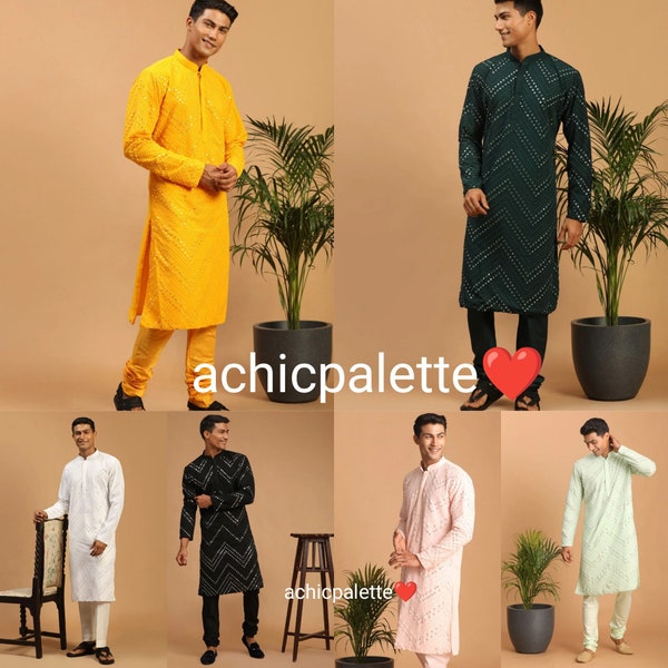 Indian Cotton Georgette Mirror Work Embroidered Kurta Pajama For Men Chikankari Kurta Pajama For Designer Kurta Sherwani Made To Order ACP