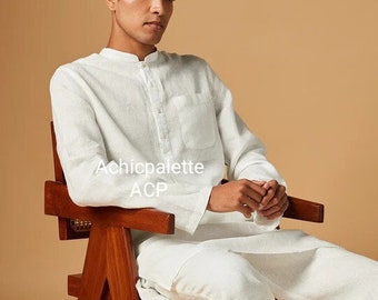 Linen Men's Kurta Set night suit white top tunic casual wear dress