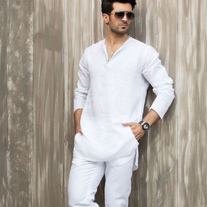 Linen Men&#39;s Kurta white top tunic casual wear dress boys kurta for men&#39;s linen shirt