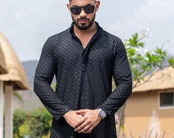 Men's Black Cotton Chikankari Kurta Pajama Set: Indian Ethnic Wear
