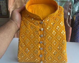 Yellow Chikankari Cotton Kurta: Bollywood Style Men's Party Wear