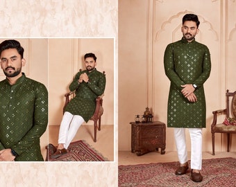 Green handmade mirror work chickenkari kurta Bollywood Style Kurta Men Party Wear man stuff Soft Cotton Kurta Wear Festival Kurta ACP