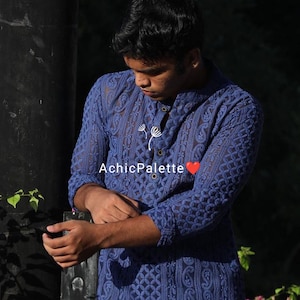 Blue Handmade Cotton Silk Chikankari Kurta for Men