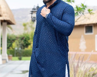 Blue Cotton Chikankari Kurta: Bollywood Style Party Wear