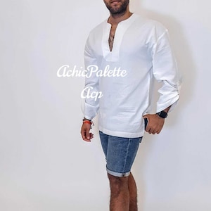 White Linen Tunic Shirt for Men: Mandarin Collar, Long Sleeve