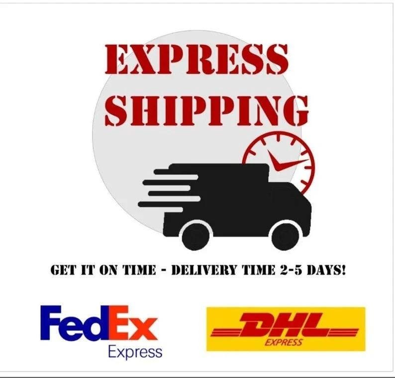 Puede incluir: Un c&iacute;rculo blanco con el texto "EXPRESS SHIPPING" en letras rojas. Un cami&oacute;n de reparto negro con un icono de reloj encima. El texto "GET IT ON TIME - DELIVERY TIME 2-5 DAYS!" est&aacute; debajo del c&iacute;rculo. Los logotipos de FedEx Express y DHL Express est&aacute;n debajo del texto.