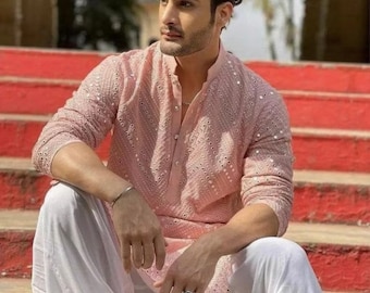 Herren Blau Chikankari Kurta Pyjama Set - Indische Hochzeit Outfit
