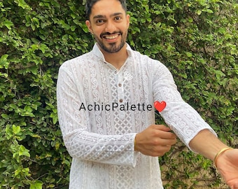 Handmade Cotton Silk Chikankari Kurta: Indian Wedding Outfit
