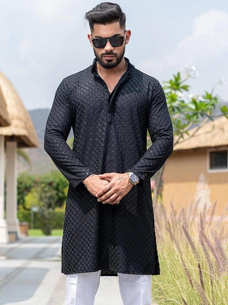 Chemise Kurta Pour Homme - Col Sans Col, Manches Longues, Tissu Coton Arc-en-ciel