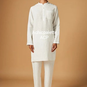 Conjunto de kurta de lino para hombre, pijama, túnica blanca, ropa informal imagen 4