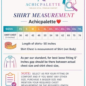 Peut inclure: Un tableau des tailles de chemises Achicpalette avec les tailles XS &agrave; 7XL et les mesures de poitrine en pouces. Il indique une longueur de chemise de 50 pouces, des instructions d'ajustement et une note sur les modifications personnalis&eacute;es.