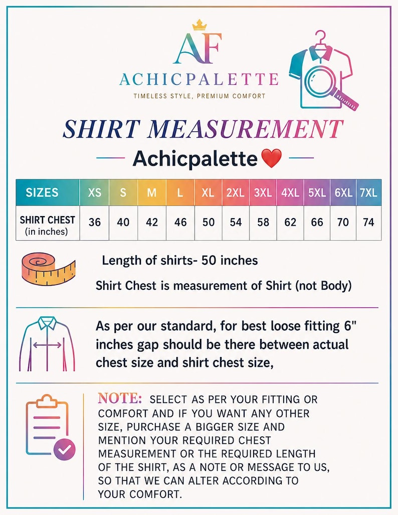 Peut inclure: Un tableau des tailles de chemises Achicpalette avec les tailles XS &agrave; 7XL et les mesures de poitrine en pouces. Il indique une longueur de chemise de 50 pouces, des instructions d'ajustement et une note sur les modifications personnalis&eacute;es.